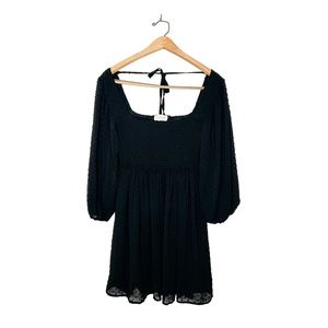 Ninexis Womens Black Swiss Dot Smocked Bust‎ Baloon Sleeve Mini Dress Large L